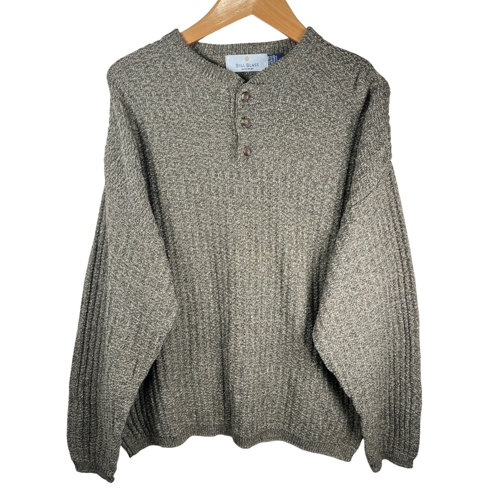 Vtg Bill‎ Blass Menswear Hand Framed Chunky Knit Button Neck Sweater XL Brown